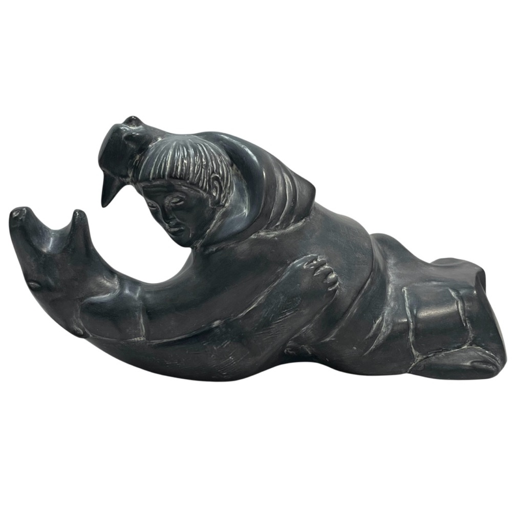 Vintage 1980s Signed Aline Lessard Ceramic Inuit Fighting a Polar Bear Sculpture